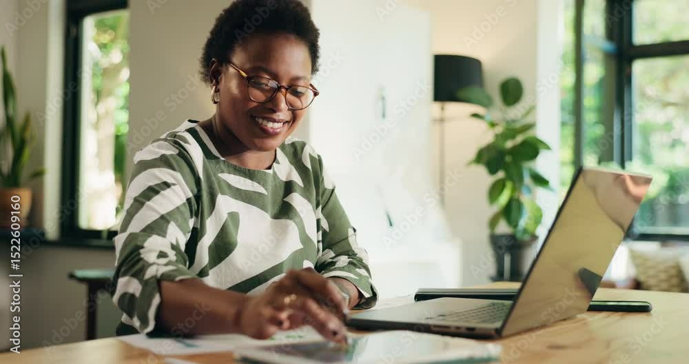 Happy, entrepreneur and woman with glasses, tablet and browsing for financial success, tech or home. House, online and black person with laptop for asset management, graphs or return on investment