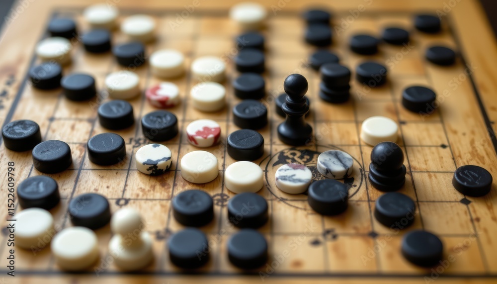 Intense Strategy Game in Progress on a Wooden Board with Black and White Pieces Intense Strategy Game in Progress on a Wooden Board with Black and White Pieces
