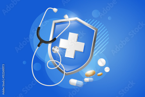 Medical symbol with heart and stethoscope on blue background in vector design with various icons and symbols.