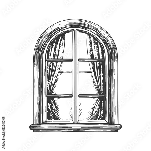 Arched Window With Curtains Black And White Silhouette Illustration. Classic Architecture And Interior Design Element. Isolated Vector Illustration