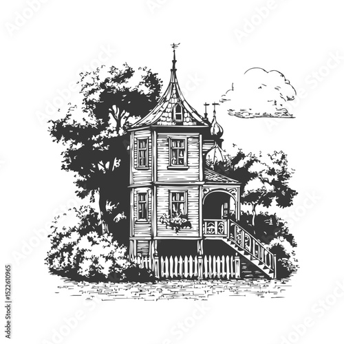 Victorian House With Trees Black And White Silhouette Illustration. Nostalgic Architecture And Nature Scene Isolated Vector Illustration