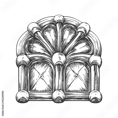 Ornate Gothic Window Design Black And White Silhouette Illustration. Architectural Elegance And Historical Charm Isolated Vector Illustration