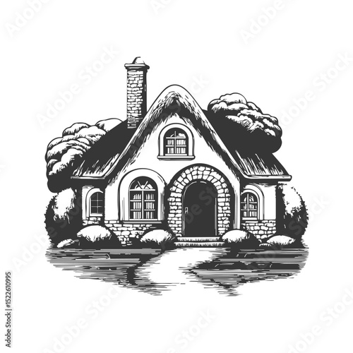 Charming Cottage With Thatched Roof And Arched Windows Black And White Silhouette Illustration. Cozy Home And Nature Harmony Isolated Vector Illustration