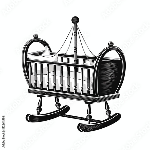 Professional Vector Illustration of Baby Wooden Cradle in Black and White Style