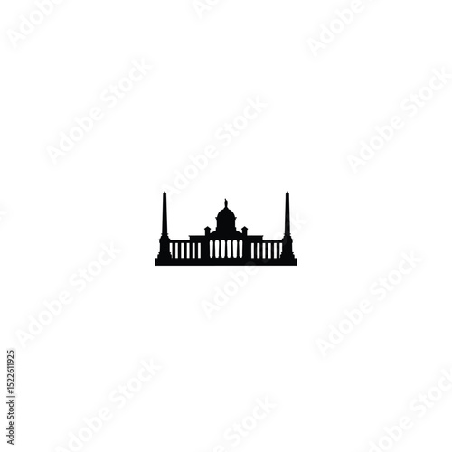 Silhouette of a government building with pillars, symbolizing authority and policy on white background
