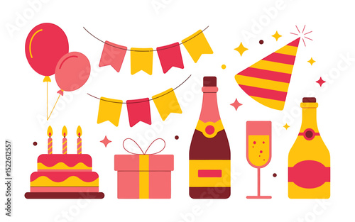 A Flat Design Illustration of Birthday Party Elements Balloons, Cake, and More