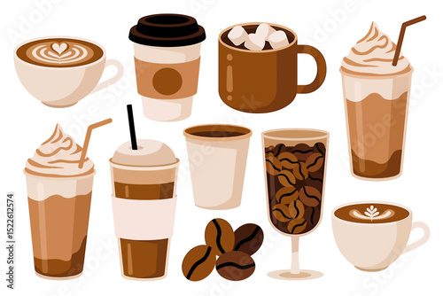 A Flat Minimalist Illustration of Various Coffee Drinks Latte, Iced Coffee, Mocha, and More