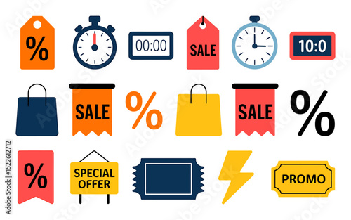 Retail & Time Icons A Set of Sale, Discount, and Time-Related Vector Graphics