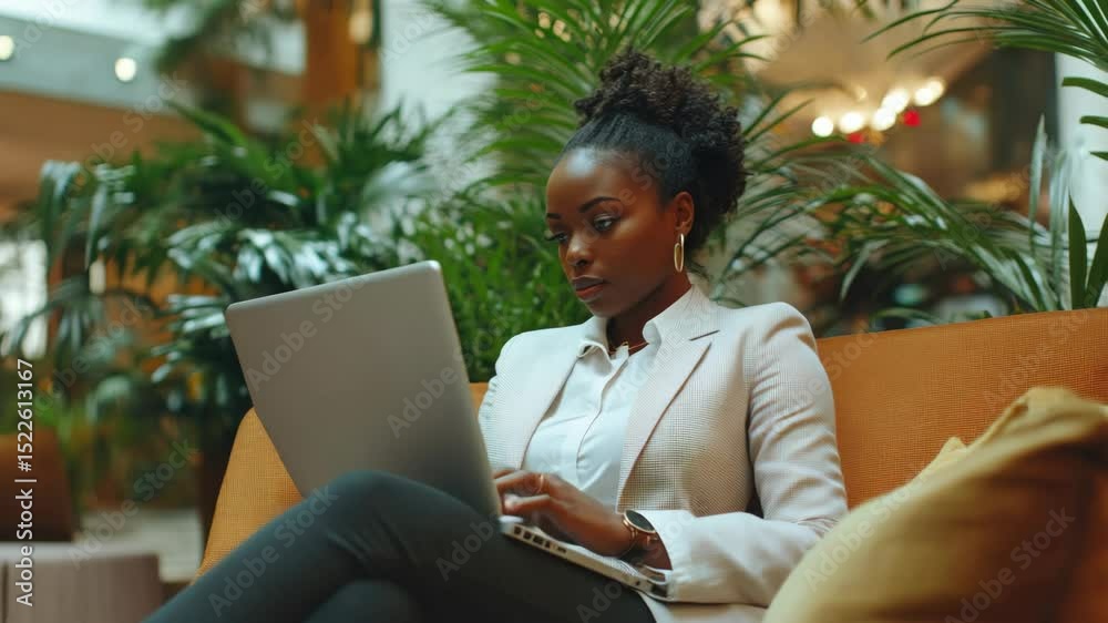 Businesswoman on laptop, professional setting with plants and minimalist design.
