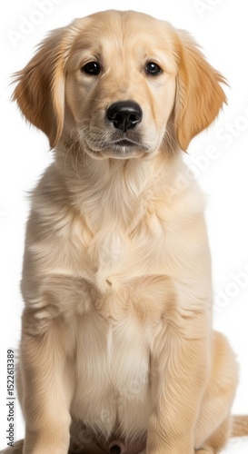A golden retriever puppy sitting upright and looking directly at the camera on a white background