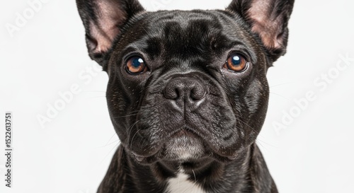 Close up shot of a black french bulldog with brown eyes against a plain white background looking forward