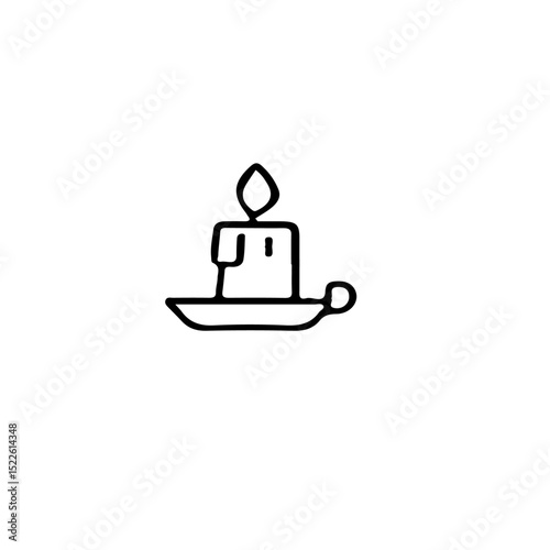 A simple line drawing of a candle with a flame on a small candle holder plate  candle, flame, holder, plate, line drawing, simple, minimalist, outline, wax, light, fire, illustration, graphic, design,