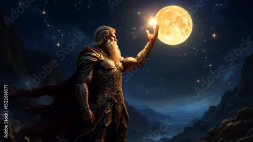 God Holding Glowing Orb in Mountain Landscape Under Starry Night
