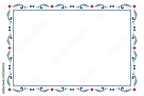 4th of July Ornate swirls isolated border, patriotic red stars, and blue, Elegant fancy award rectangle frame layout design elements, Independence Day Calligraphy Flourish Card Square frame 