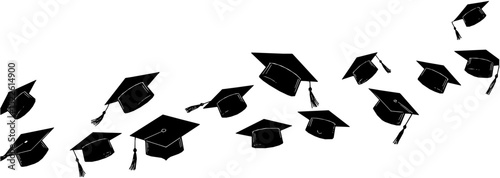 Set of flying graduation caps. Collection of students toss caps. Black white vector illustration.
