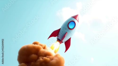 Rocket Launching into Sky Above Clouds Animated Design, Start Up Business Concept.
