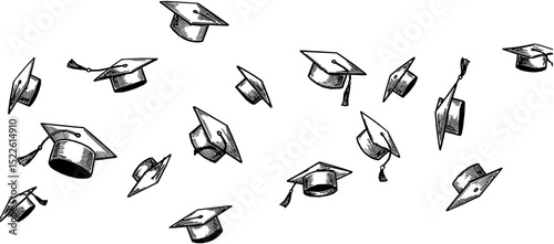 Set of flying graduation caps. Collection of students toss caps. Black white vector illustration.

