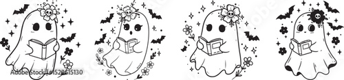 Cute Ghost Graphics in Vector Style with Floral and Bat Elements