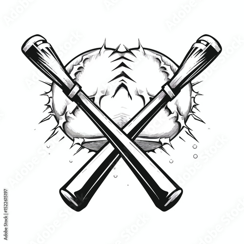 Professional Baseball Bats Crossed with Ball Symbol in Black Vector Illustration