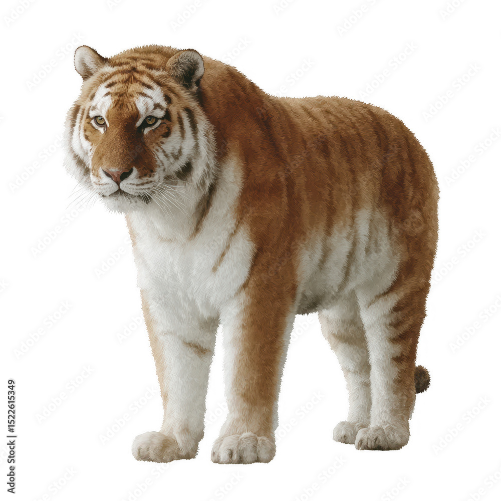 Obraz premium A majestic tiger stands proudly, showcasing its striking orange and black stripes on a white isolated background. This powerful animal is an embodiment of strength and beauty.