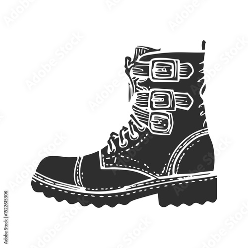 Combat Boot With Buckles Silhouette Illustration. Rugged Footwear Design For Outdoor And Fashion. Isolated Vector Illustration