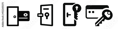 Vector illustration Set Unlocking Security: Key Card Access, Digital Keys & Data Encryption Icons