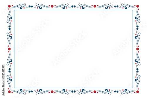 4th of July Ornate swirls isolated border, patriotic red stars, and blue, Elegant fancy award rectangle frame layout design elements, Independence Day Calligraphy Flourish Card Square frame 