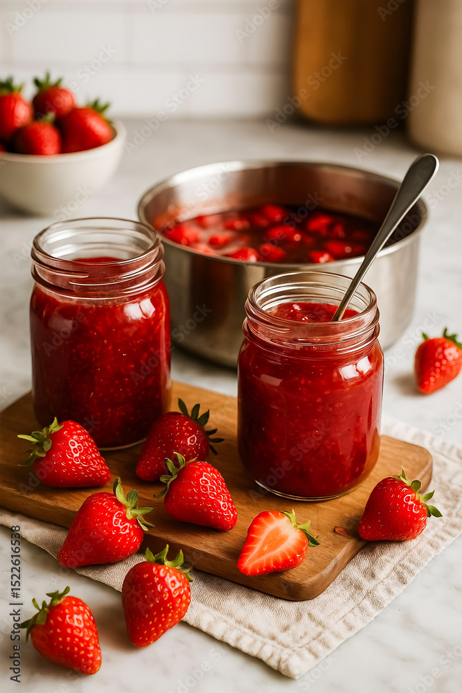 making strawberry jam in a glass jar on the kitchen making strawberry jam in a glass jar on the kitchen