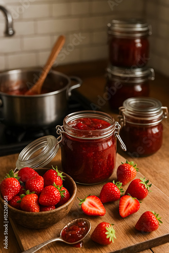 making strawberry jam in a glass jar on the kitchen