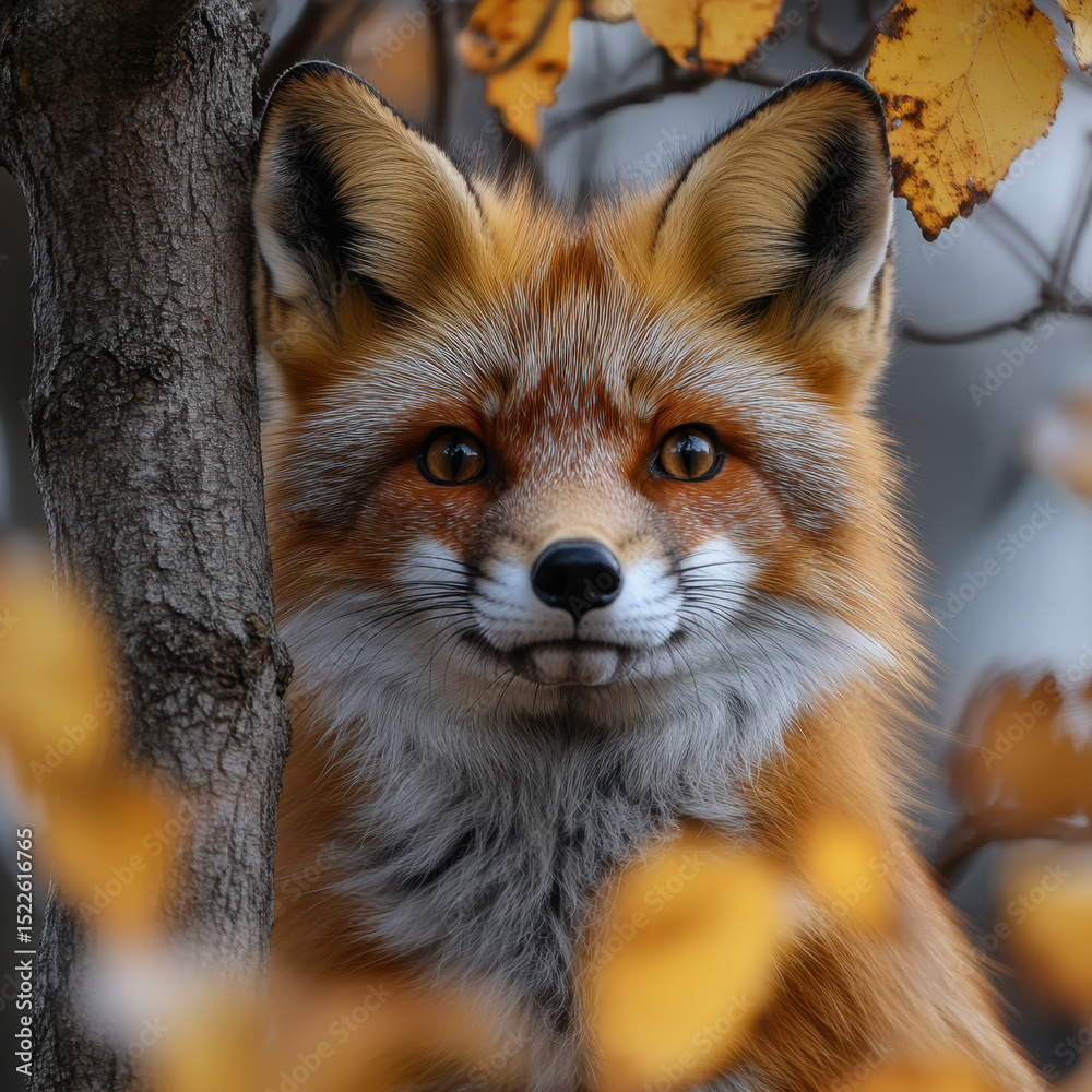 Fototapeta premium Red fox walking through fall leaves.