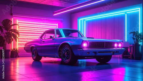 Classic blue car in neon-lit garage, bathed in purple and blue hues