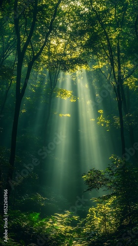 Enchanting Sun Rays Through Green Forest. Perfect for Nature and Meditation Themes