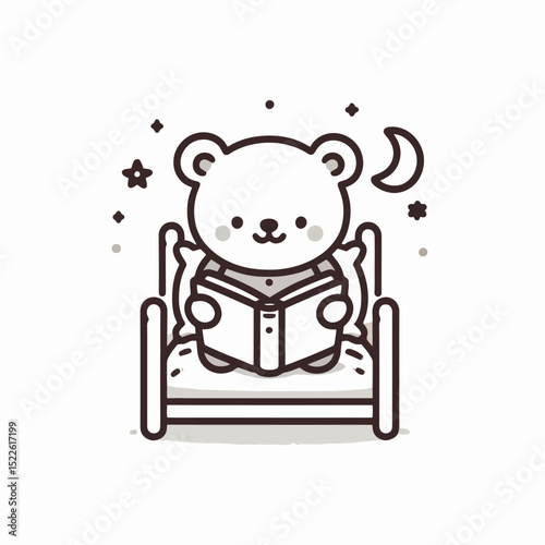Cartoon bear reading bedtime story on a bed under the stars  