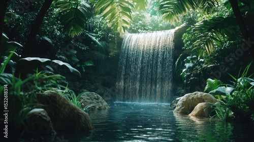 Fototapeta Naklejka Na Ścianę i Meble -  Lush jungle waterfall cascading into tranquil pool.