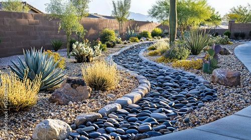 Desert landscape design with a meandering dry creek bed