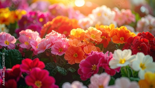 Blossoming variety of primroses in sunlight. Vivid hues of pink, red, orange, yellow, and white. Soft focus