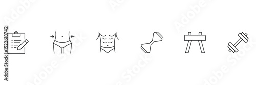 Gym and fitness outline icon set. Fitness and wellness healthy lifestyle. Fitness icon, Gym icon, Healthy Lifestyle, Weight Training, Body care. Vector illustration.