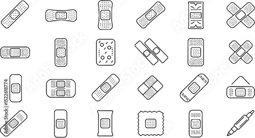 Medical patch and plaster editable stroke outline icons set isolated on white background flat vector illustration. Pixel perfect. 64 x 64.
