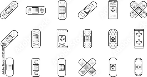 Medical patch and plaster editable stroke outline icons set isolated on white background flat vector illustration. Pixel perfect. 64 x 64.

