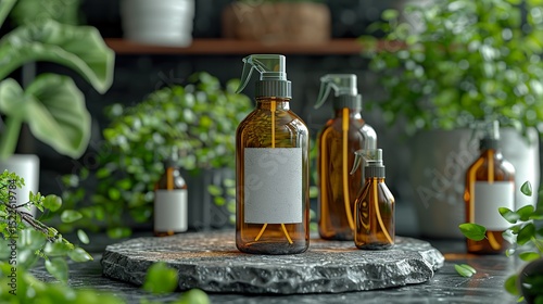 A mockup of a blank label on an amber glass spray bottle rests on a stone podium. 