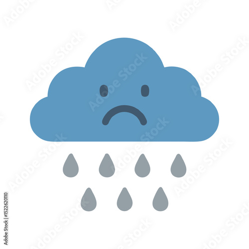 Sad Rain Cloud Flat Vector Icon in Blue Tones with Face and Drops for Depression Awareness, Therapy Platforms, and Emotional Wellness Tools