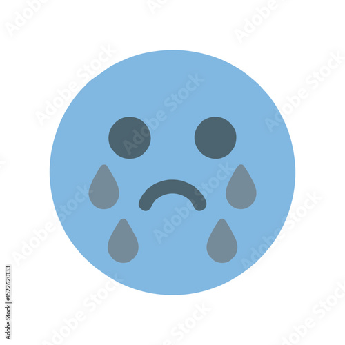 Crying Face Flat Vector Icon with Large Teardrops in Solid Blue for Depression Support Platforms, Mental Health Check-In Tools, and Emotional Tracking Apps