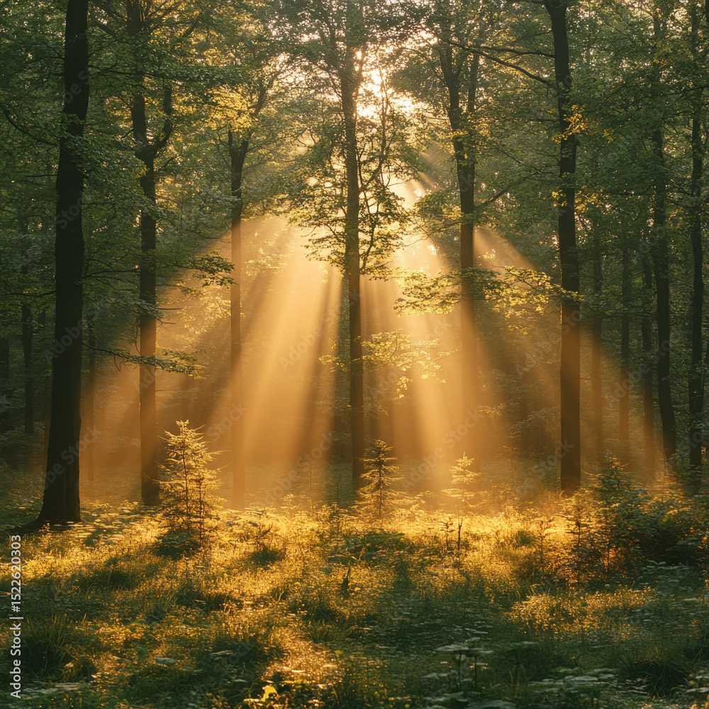 Obraz premium Sunbeams shining through a dense forest.