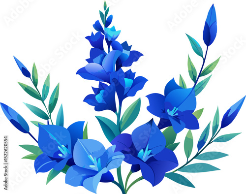 Blue gladiolus flowers in a garland with teal leaf stems, on white background.
