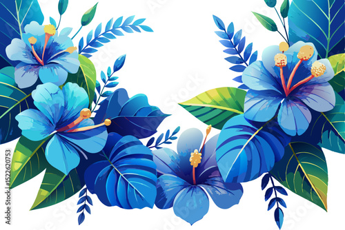abstract floral background with flowers. Blue hibiscus garland with long teal leaves, on white background
