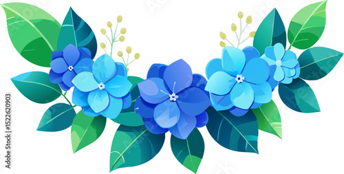 Blue hydrangea garland with rounded teal leaves, botanical illustration on white background. blue flowers on white