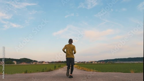 朝の田舎道を走る男性