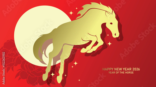 Horse jump pose silhouette for chinese new year 2026 vector illustration. Golden zodiac horse on red background with peonies pattern.