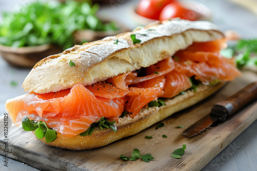 Gourmet Baguette Sandwich with Smoked Salmon and Fresh Greens