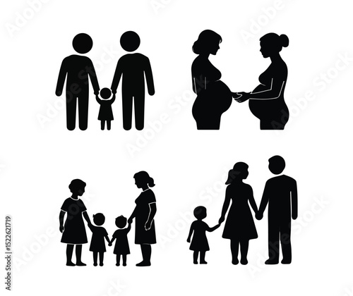 Family, relationship icon set. Vector glyph pictograms of couple, parent, child, elderly people, pregnancy, parenting, community, single mother, social care black silhouette illustration.